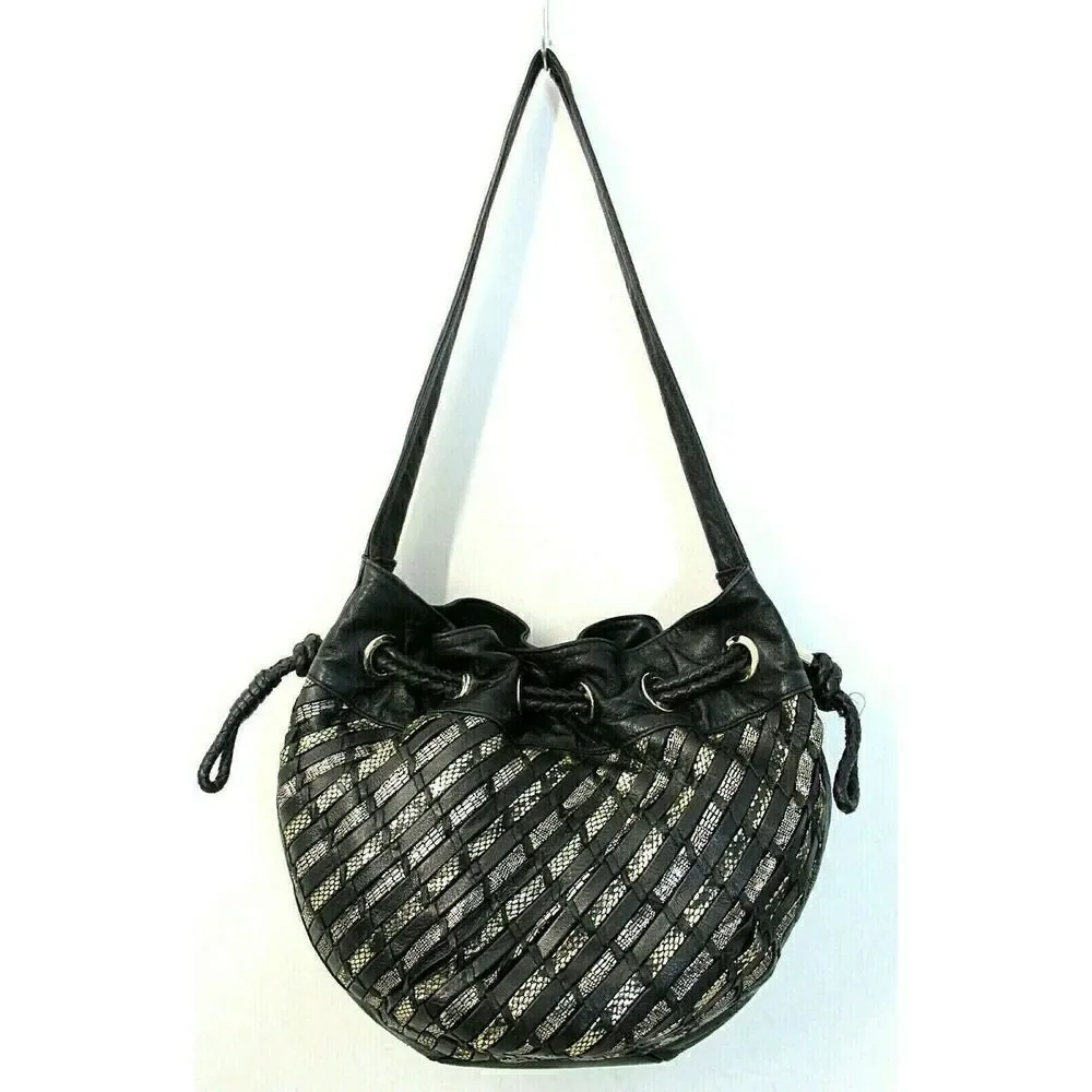 Elliott Lucca BLACK GOLD WOVEN GENUINE LEATHER DRAWSTRING SHOULDER BAG PURSE